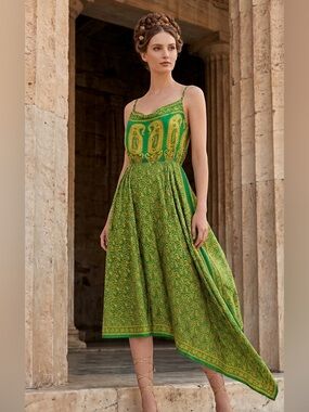 No tags Goddess Vibes Cowl Neck Green/Yellow Silk Feel Paisley Print Pockets S/M